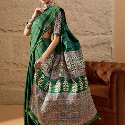 Sangria Women Green Ethnic Motifs Pure Crepe Designer Block Print Saree image 3