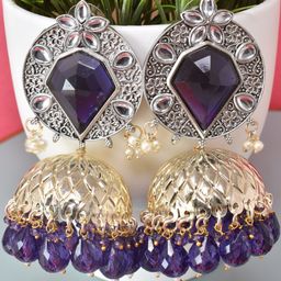 MEIRA JEWELLERY Silver-Plated Stones Studded & Beaded Oxidised Dome Shaped Jhumkas-picture-7
