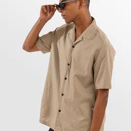 Eszett Men Solid Cuban Collar Linen Casual Shirt image 2