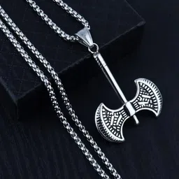 VAGHBHATT Men Silver-Plated Double Sided Axe Pendant with Chain-picture-44