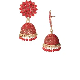 VIKESA Gold-Plated Kundan Studded & Artificial Beaded Dome Shaped Jhumkas image 2