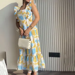 House of Sal Women Abstract Printe Flutter Sleeve A-Line Maxi Dress image 3