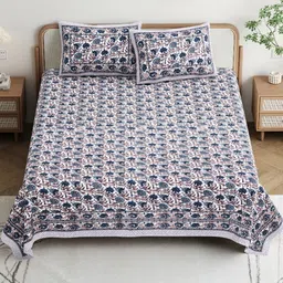 Shubastik Blue Floral 210 TC King Bedsheet with 2 Pillow Covers-picture-27