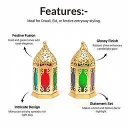 MARKET99 Gold-Toned & Green Set of 2 Moroccan Lanterns Candle Holder image 5