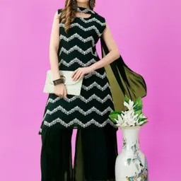 PARROT CREATION Women Embroidered Regular Sequinned Kurti with Sharara & With Dupatta image 5