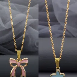 Birado Jewellery Women Set Of 2 Gold-Plated Beaded Bow Shaped Pendant & Chains-image-0