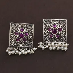 JAYPORE Silver-Plated Stone Studded Contemporary Oxidised Drop Earrings-image-33