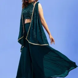 PARROT CREATION Geometric Embroidered Halter Neck Crop Top With Palazzos & Shrug image 2