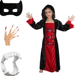 Kaku Fancy dresses Girls Halloween Cosplay Witch Costume Gown With Teeth, Mask & Nail Set-image-62
