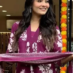 SRILICA Floral Printed V Neck Kurta With Trousers & Dupatta image 4