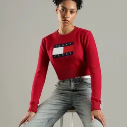 Tommy Hilfiger Women Printed Round Neck Full Sleece Crop Pullover image 4