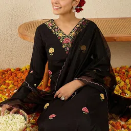 Indo Era Women Floral Embroidered Kurta with Trousers & Dupatta-picture-28