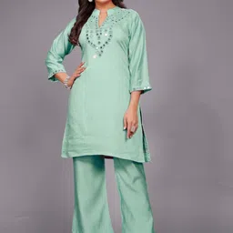 AUTUMN LANE Divya Pine Mirror Work Embellished Mandarin Collar Tunic With Trouser-picture-25