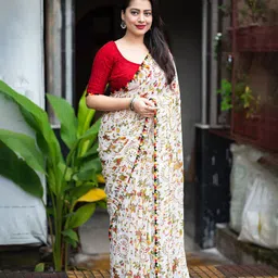 FLOURIOUS Warli Printed Organza Saree With Unstitched Blouse Piece-image-3