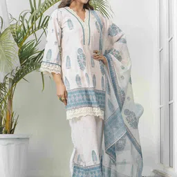 House of Pataudi Ethnic Motif Printed & Embroidered Cotton Kurta & Trousers With Dupatta image 4