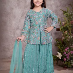 PINK LEAF Girls Floral Embroidered Pure Silk Kurta & Palazzos With Dupatta-picture-25