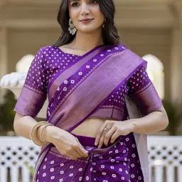 HERE&NOW Bandhani Printed Woven Design Zari Saree With Unstiched Blouse Piece image 5