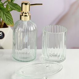 Kookee Transparent & Gold-Toned 3 Pieces Textured Glass Bath Accessories Set-350 ml-picture-32