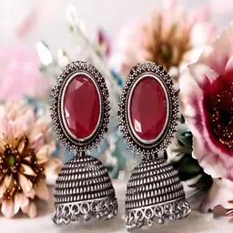 UNIVERSITY TRENDZ Silver-Plated Artificial Stones Studded Dome Shaped Oxidised Jhumkas-picture-18