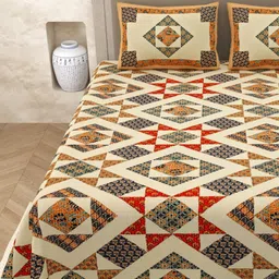 Aura Beige & Blue Ethnic Motifs 210 TC King Bedsheet with 2 Pillow Covers image 1