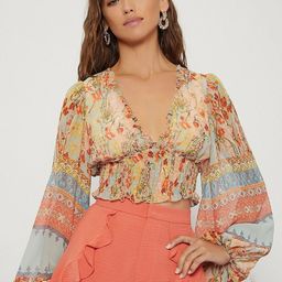 Stylecast X Slyck 
Geometric Printed V - Neck Puff Sleeve Top-picture-4