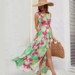 Outzidr Multi Printed Belt Tie Up Dress image 3