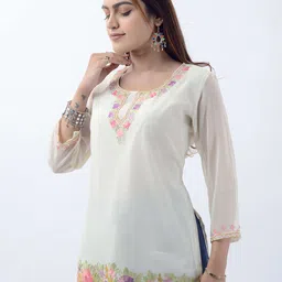 TROMBOO Floral Embroidered Thread Work Pure Georgette Thread Work Kurti image 3
