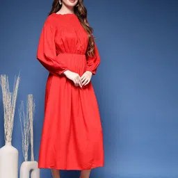 DAEVISH Solid Off-Shoulder Puff Sleeve Fit & Flare Maxi Dress image 4