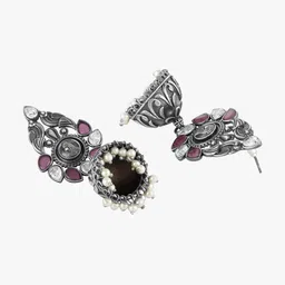 Sangria Silver-Plated Artificial Stone-Studded Oxidised Earrings image 4