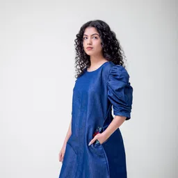 SUNFAIRY Puff Sleeve Denim Fit & Flare Dress image 4