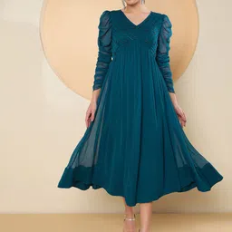 Antheaa Puff Sleeve Chiffon Embellished A-Line Midi Dress image 5