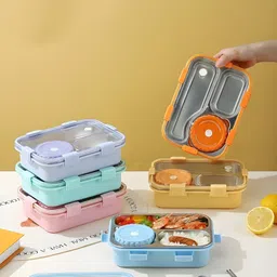 correct finds 3 Compartment Stainless Steel Lunch Box 750ml with Fork, Spoon & Chopsticks 1 Containers Lunch Box image 3