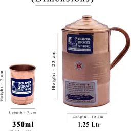 gupta brass store Pure Original Copper Water Jug (1.25L) & Copper Water Glass(350ml) set Jug Glass Set image 2