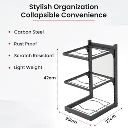 kuber industries Utensil Kitchen Rack 3-Layer Pots and Pans Organiser Rack With Adjustable Pot Lid (Black) Carbon Steel image 3