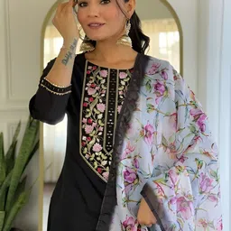 S.K.C Women Floral Embroidered Kurta with Trousers & Dupatta image 3