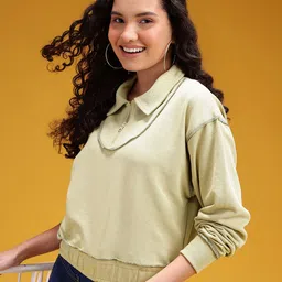 HERE&NOW Shirt Collar Drop-Shoulder Sleeves Cropped Sweatshirt-picture-21