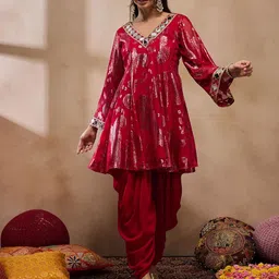 MABISH by Sonal Jain V-Neck Floral Woven Design Mirror Work A-Line Kurti with Dhoti Pants-picture-17