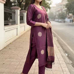 AG TEXTILE Women Ethnic Motifs Regular Chanderi Cotton Kurta with Trousers & With Dupatta image 2