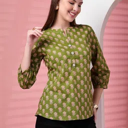 RANGEELO JAIPUR Women Ethnic Printed Mandarin Collar A-Line Top image 3