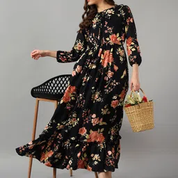 Raiyani Enterprise Floral Print Puff Sleeve Tie-Ups Tiered Fit & Flare Maxi Dress-picture-37