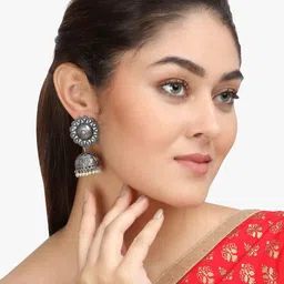 Sangria White Silver Plated Oxidised Artificial Beads Beaded Dome Shaped Jhumkas image 4