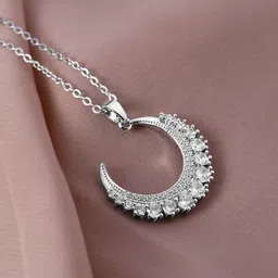Rubans Rhodium Plated Stainless Steel Cubic Zirconia Studded Half Moon Pendant With Chain image 3