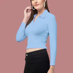 Maheshvi Women Solid Shirt Collar Fitted Crop Top image 5
