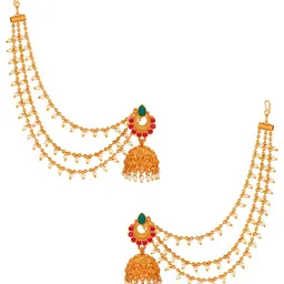 Anouk Gold-Plated Kundan Studded & Pearls Beaded Dome Shaped Layered Ear Chain Jhumkas image 2