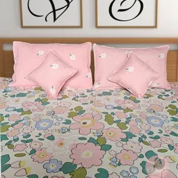 CG HOMES Pink & Green Floral 180 TC Queen Bedsheet with 2 Pillow Covers-picture-31