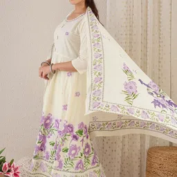 Indo Era Women Floral Printed Panelled Thread Work Pure Cotton Kurta with Trousers & With Dupatta image 4