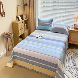 JC HOME Blue & Pink Striped 220 TC Queen Size Bedsheet Set-image-81