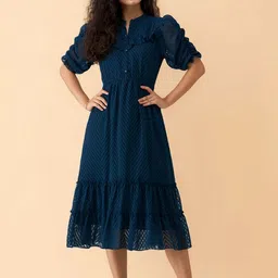 AASK Chevron Printed Puff Sleeves Fit & Flare Midi Dress-image-57
