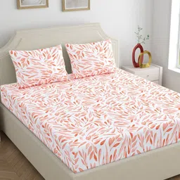 Dreamscape Peach-Coloured & White Floral 140 TC King Bedsheet with 2 Pillow Covers-picture-41