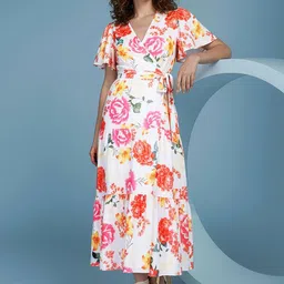 POPCULTR Women Floral Printed Flared Sleeves Tiered Tie-Ups Detail Wrap Midi Dress-image-51
